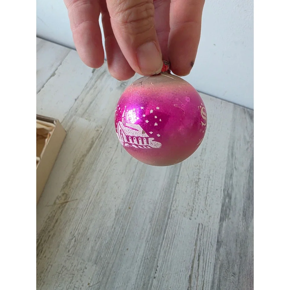 Vintage shiny brite silent night unsilvered stencil pink ombre ornament church